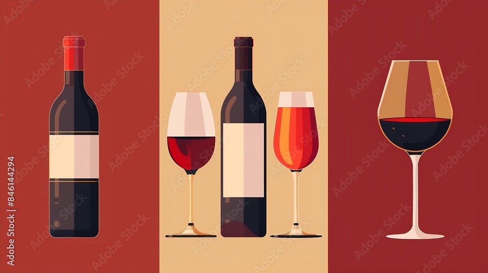 A set of minimal posters with wine bottles glasses of wine Wine tasting concept Abstract flat vector illustration in red Perfect for menu cover design promotion Festive drink wine part : Generative AI A set of minimal posters with wine bottles glasses of wine Wine tasting concept Abstract flat vector illustration in red Perfect for menu cover design promotion Festive drink wine part : Generative AI