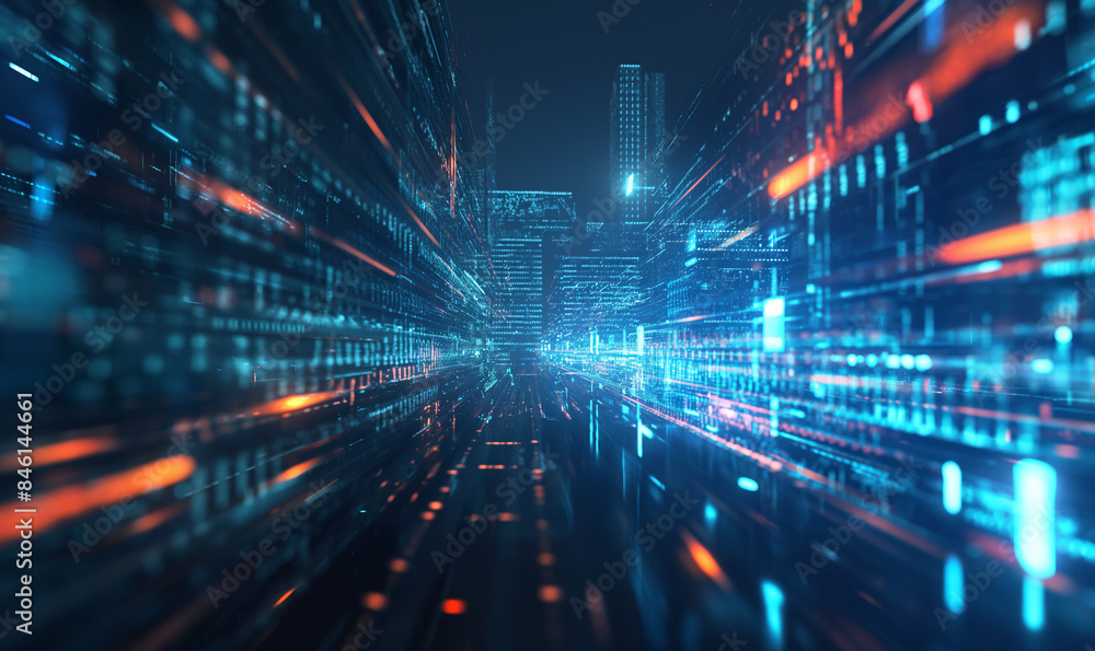 A dark blue background with glowing data and code, cyberpunk style, data visualization in the center of an abstract space, dark atmosphere, light effects, high resolution A dark blue background with glowing data and code, cyberpunk style, data visualization in the center of an abstract space, dark atmosphere, light effects, high resolution