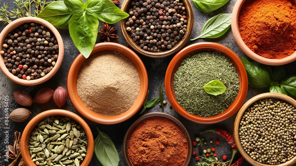 A top-down view of a variety of spices and herbs on a table.