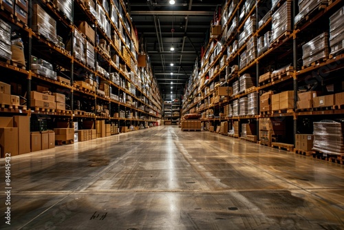 Wallpaper Mural Warehouse aisle with boxes and pallets in industrial storage facility for business logistics and distribution operations Torontodigital.ca