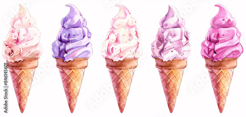 A set of ice cream cones on a white background, perfect for summer treats or dessert menus.