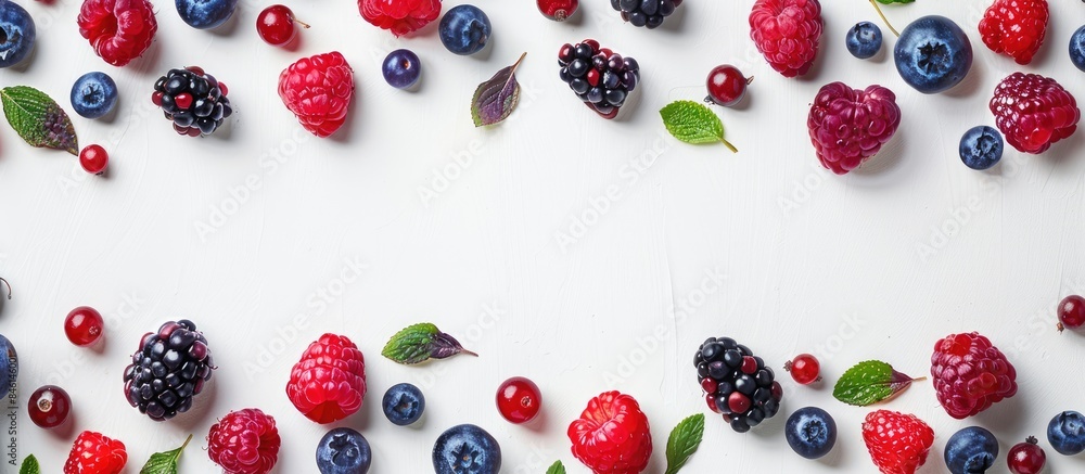 Assorted fresh forest berries arranged on a white background from a top view, creating a berry border frame in a flat lay style.