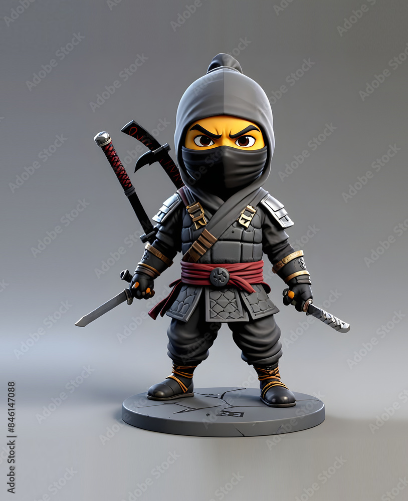 Fototapeta premium 3D animated Cute Cartoon the soldier Ninja Assassin 3D Rendered on Gray Background.