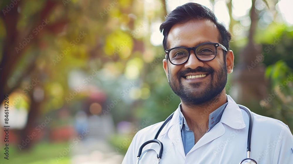 Closeup portrait of Hindu doctor man in glasses smiling and looking at camera doctor student intern with stethoscope outside clinic : Generative AI Closeup portrait of Hindu doctor man in glasses smiling and looking at camera doctor student intern with stethoscope outside clinic : Generative AI