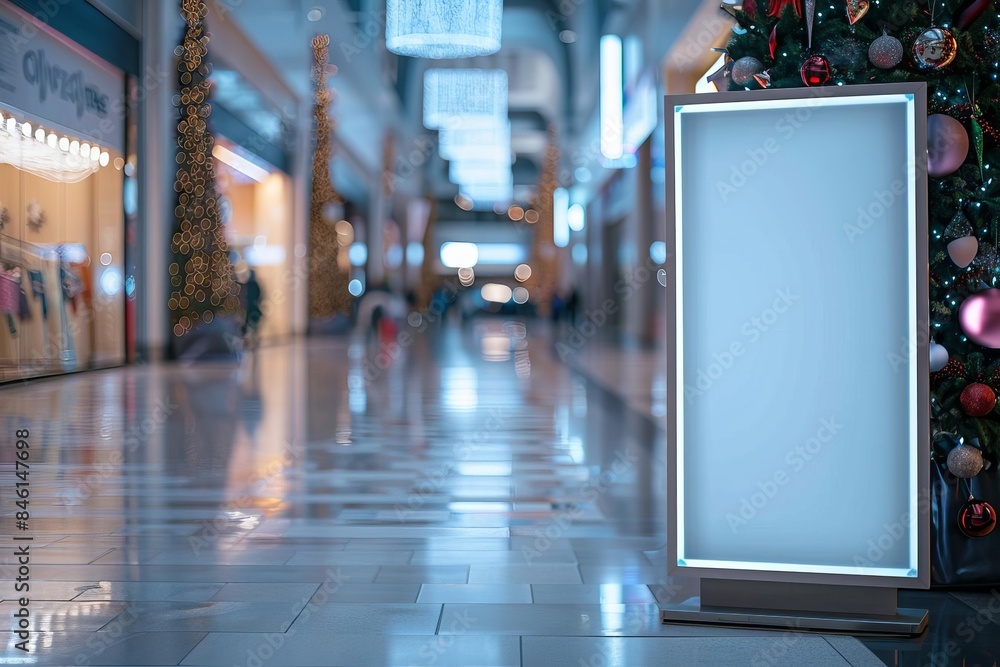 Festive discount sign in a decorated mall area with empty space for text, side view, enhancing holiday spirit, futuristic tone, Complementary Color Scheme Festive discount sign in a decorated mall area with empty space for text, side view, enhancing holiday spirit, futuristic tone, Complementary Color Scheme