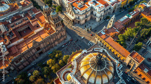 Aerial view of a simulated downtown Mexico City street. Dome on the bottom resembles the one in Palacio de Bellas Artes at Eje Central and Juarez Avenue.