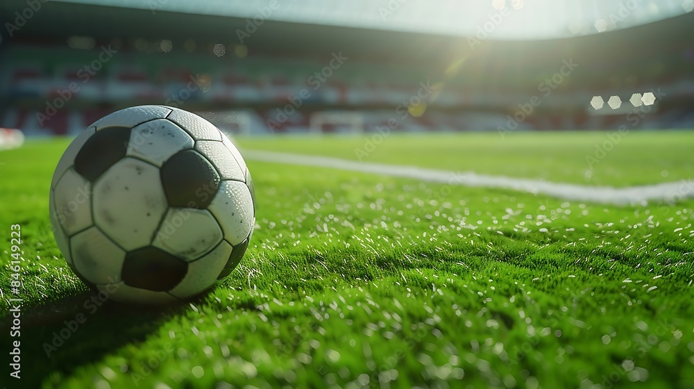 A football ball on the green field in soccer stadium close up