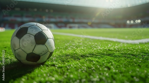 A football ball on the green field in soccer stadium close up