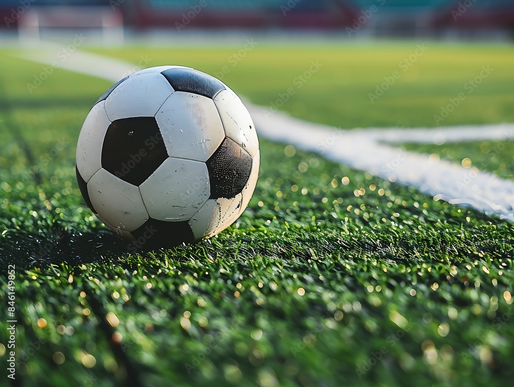 Fototapeta premium A football ball on the green field in soccer stadium close up