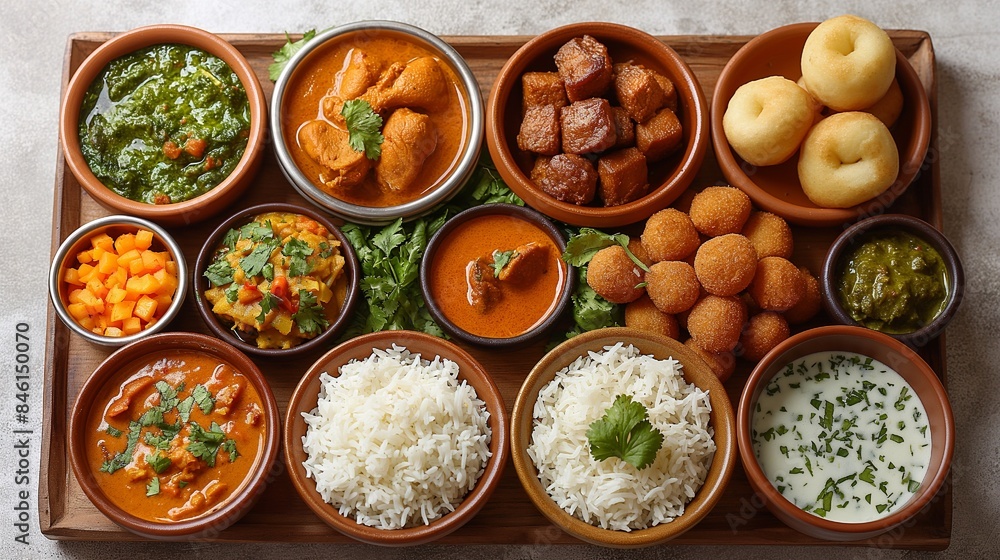 Top view assortment of Indian dishes, such as momos and butter chicken curry, isolated on a white background Top view assortment of Indian dishes, such as momos and butter chicken curry, isolated on a white background