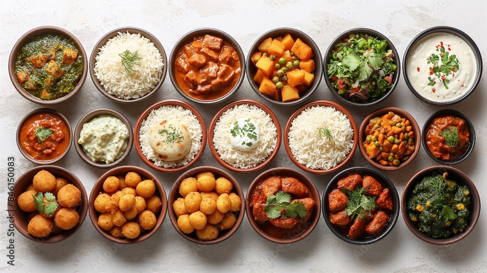 Top view assortment of Indian dishes, such as momos and butter chicken curry, isolated on a white background Top view assortment of Indian dishes, such as momos and butter chicken curry, isolated on a white background