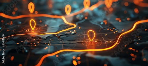 closeup of location pins on map with glowing path, orange light effects