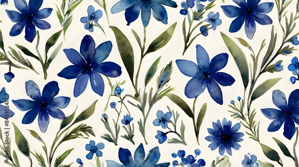 Seamless watercolor pattern of simple silhouettes of blue flowers Generative AI Seamless watercolor pattern of simple silhouettes of blue flowers Generative AI