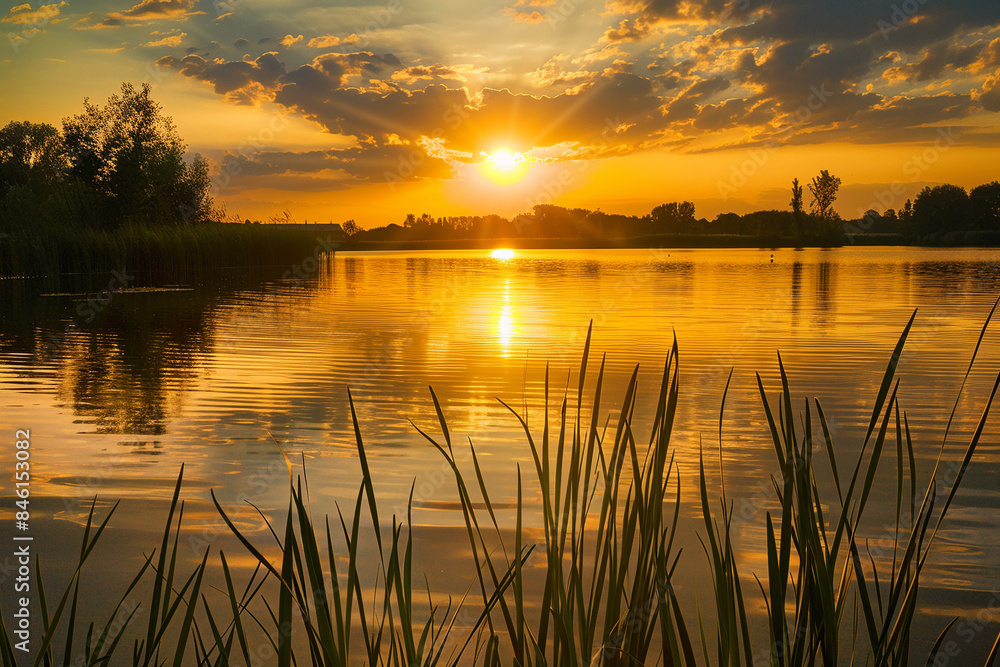 A golden sunset reflecting on calm waters of a lake. golden sunset reflecting calm waters lake nature landscape. A golden sunset reflecting on calm waters of a lake. golden sunset reflecting calm waters lake nature landscape.