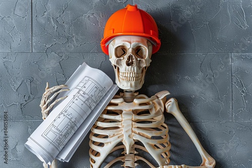 Skeleton wearing a construction helmet and holding blueprints, top view, symbolizing a construction career, industrial tone, Colored pastel photo