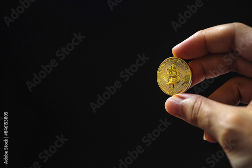 A hand holding a gleaming gold coin against black background. hand holding gold coin gleaming black background currency wealth.