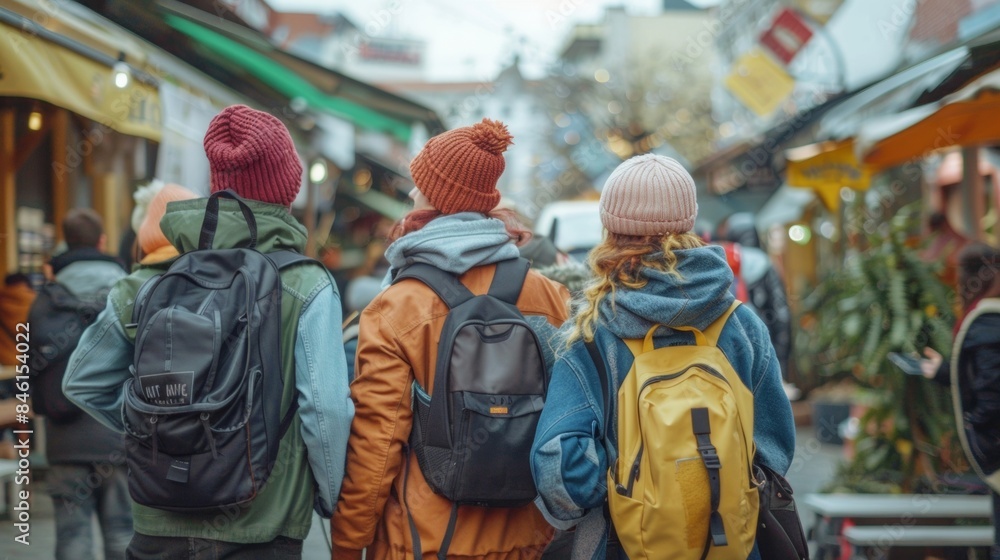 A group of friends dressed in trendy streetwear take a break from shopping to snap a photo with backs to the camera capturing . . A group of friends dressed in trendy streetwear take a break from shopping to snap a photo with backs to the camera capturing . .