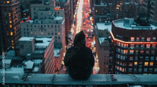 A lone figure sits on a rooftop ledge lost in thought with back to the camera overlooking the bustling city below. . .