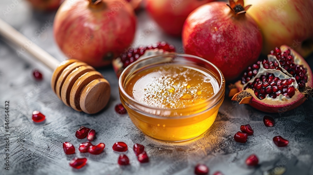 Top view of traditional Jewish New Year Rosh Hashanah food featuring pomegranates apples and honey The white background provides ample copy space for other Top view of traditional Jewish New Year Rosh Hashanah food featuring pomegranates apples and honey The white background provides ample copy space for other