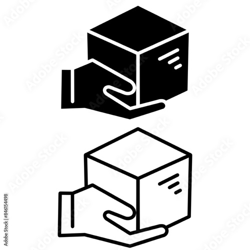 Black icon of hand holding parcel in flat style. Home delivery, fast and convenient service concept logo for websites, mobile apps and other design needs. Vector illustation