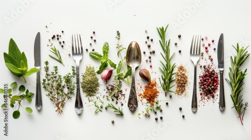 Mediterranean herbs and spices with silverware on a white backdrop photo
