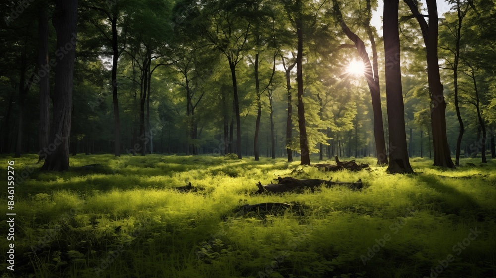 Fototapeta premium Serene Forest Bathed in Morning Sunlight