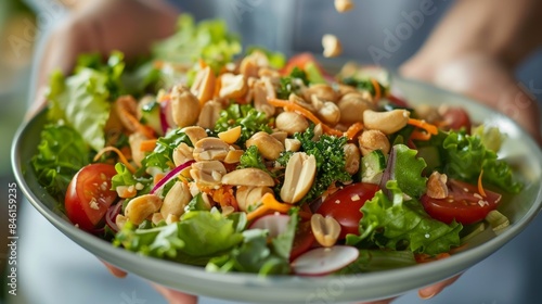 A handful of roasted peanuts are sprinkled over the salad providing a satisfying crunch.