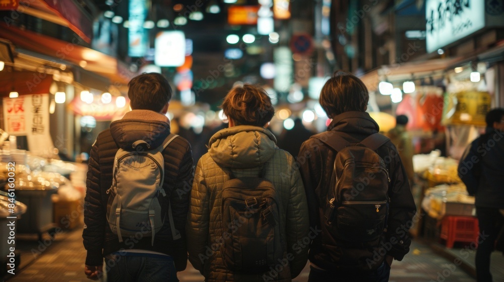 A group of three friends backs facing the camera walks along the busy marketplace taking in the sights and sounds of the urban . . A group of three friends backs facing the camera walks along the busy marketplace taking in the sights and sounds of the urban . .