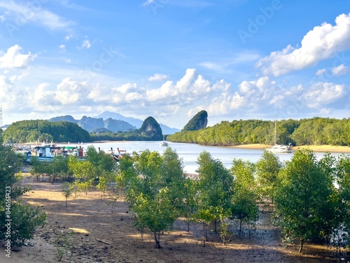 Landscape view of symbol of Krabi City which calls Khao Khanap Nam.