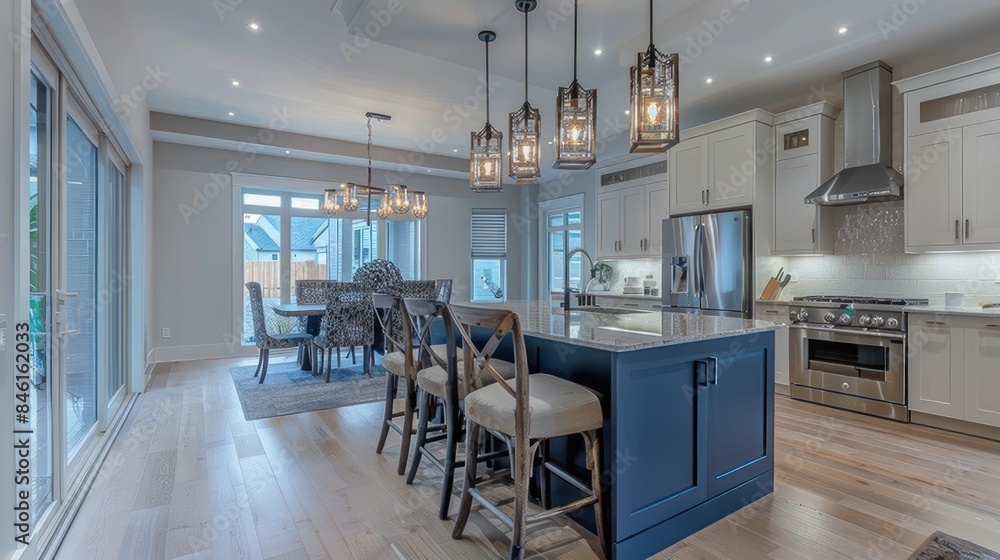 Beautiful Kitchen interior in beautiful new luxury home with kitchen island and wooden floor, bright modern minimal style, with copy space Beautiful Kitchen interior in beautiful new luxury home with kitchen island and wooden floor, bright modern minimal style, with copy space