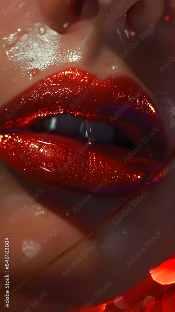 Seductive lips show a drop of crimson red lip gloss, evoking passion and charm Seductive lips show a drop of crimson red lip gloss, evoking passion and charm