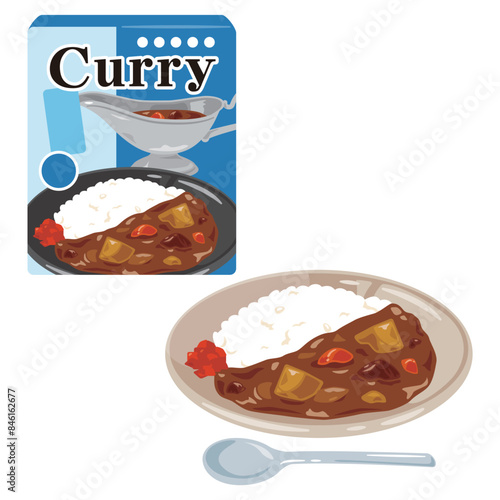 箱入りレトルトカレーと皿に盛られたカレーライス
