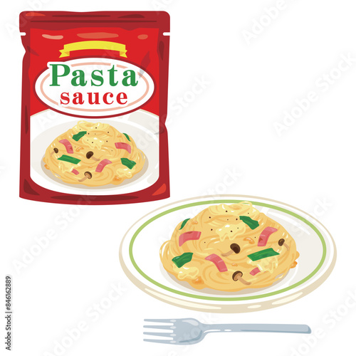 パウチ入りのレトルトパスタソースと皿に盛られたパスタ