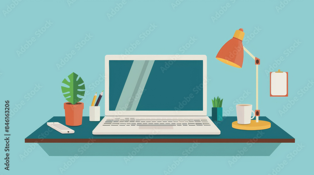 Illustration of a tidy workspace with a laptop, desk lamp, plant, and office supplies. Ideal for remote work, home office, and productivity themes. Illustration of a tidy workspace with a laptop, desk lamp, plant, and office supplies. Ideal for remote work, home office, and productivity themes.