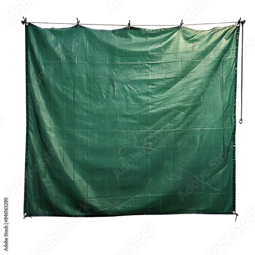 Green plastic tarp with metal grommets. Durable material for outdoor and construction purposes. Isolated on white background.