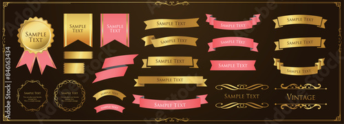 リボンの装飾デザインセットとアンティークな罫線やフレームデザイン