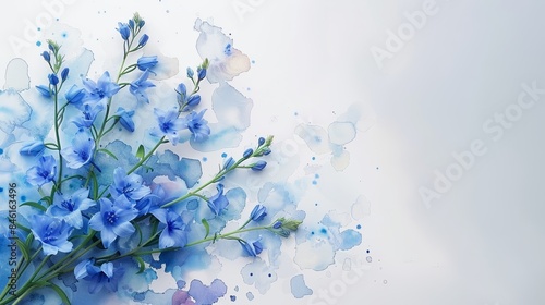 Delicate blue flowers with watercolor splashes on a white background. photo