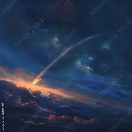 A comet is falling through the sky, leaving a trail of light behind it © Chawakorn