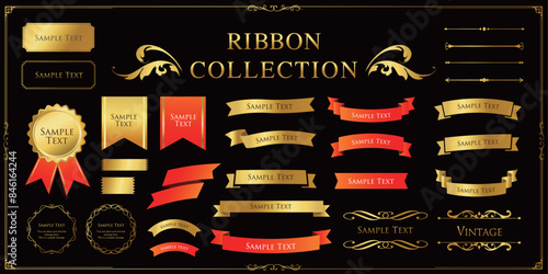 リボンの装飾デザインセットとアンティークな罫線やフレームデザイン