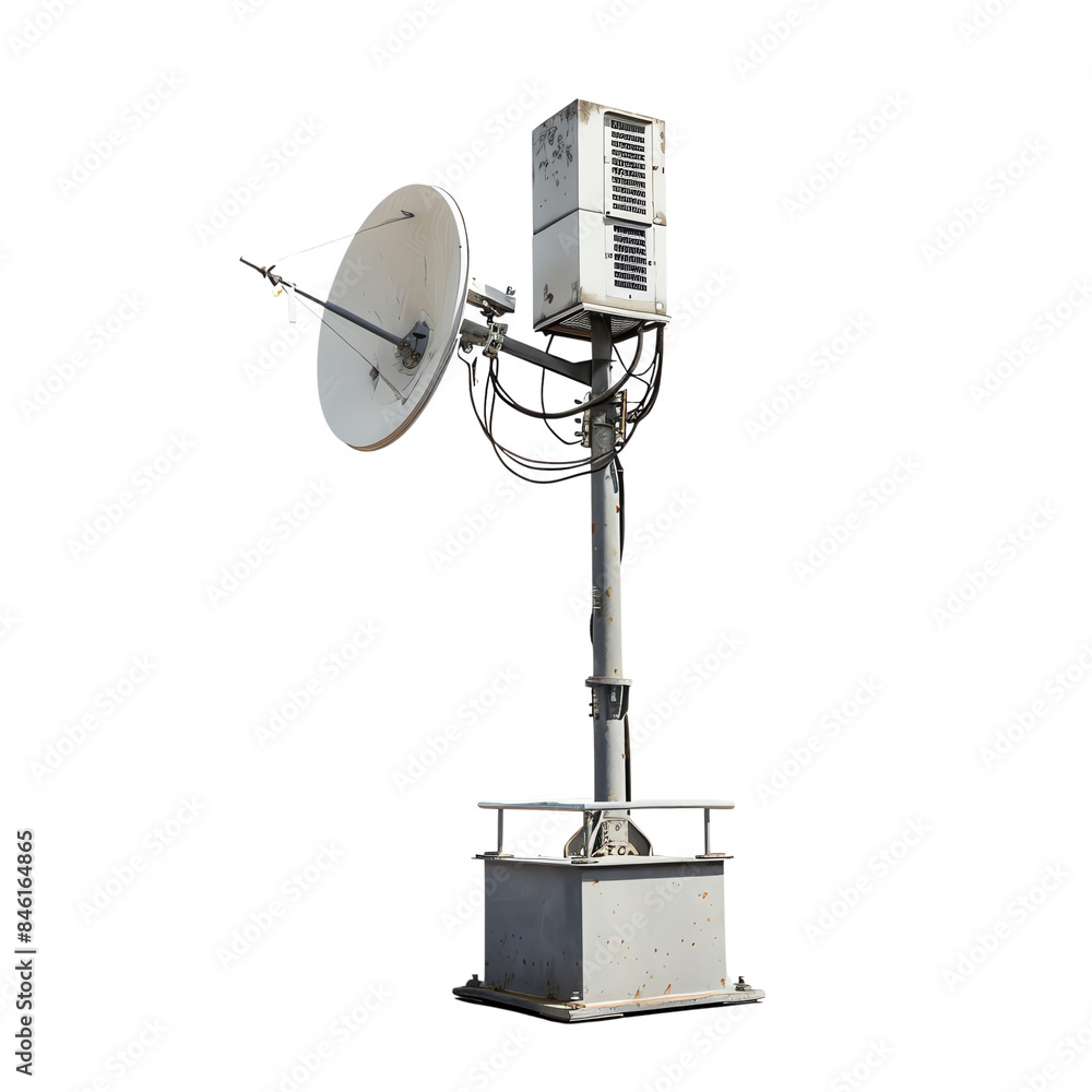Isolated satellite dish on pole for communication and signal transmission, featuring metallic structure and technology equipment outdoors. Isolated satellite dish on pole for communication and signal transmission, featuring metallic structure and technology equipment outdoors.
