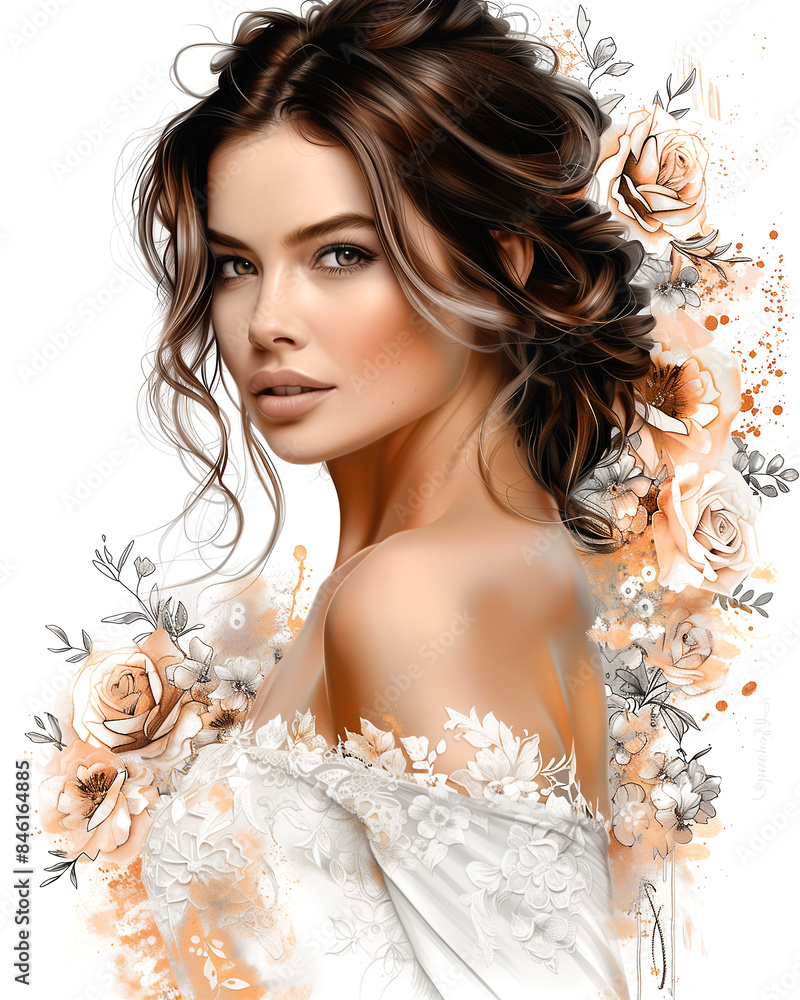 A woman with long brown hair and a white dress with flowers on it. The flowers are orange and pink A woman with long brown hair and a white dress with flowers on it. The flowers are orange and pink