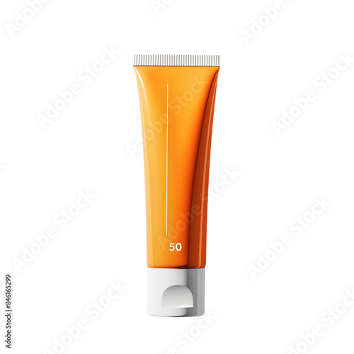 Orange sunscreen tube with SPF 50 for sun protection, isolated on white background. Ideal for skincare and health-related content. photo