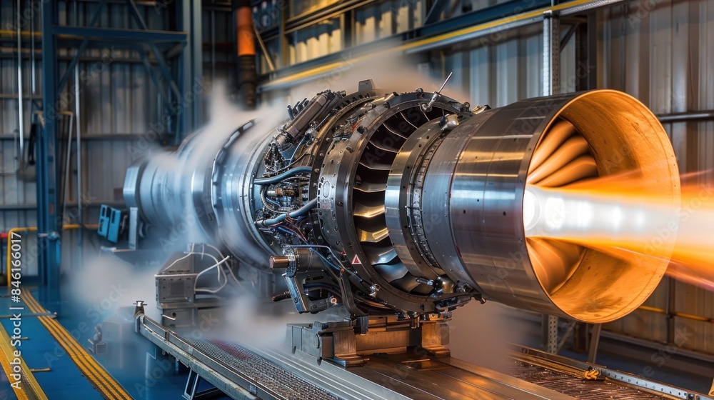 Obraz premium high-tech jet engine during a performance test, showcasing advanced engineering