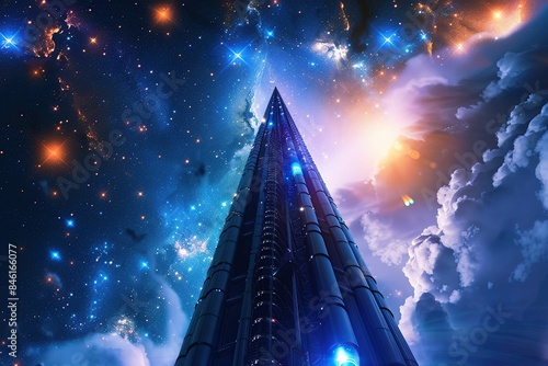 Space elevator reaching towards distant stars photo