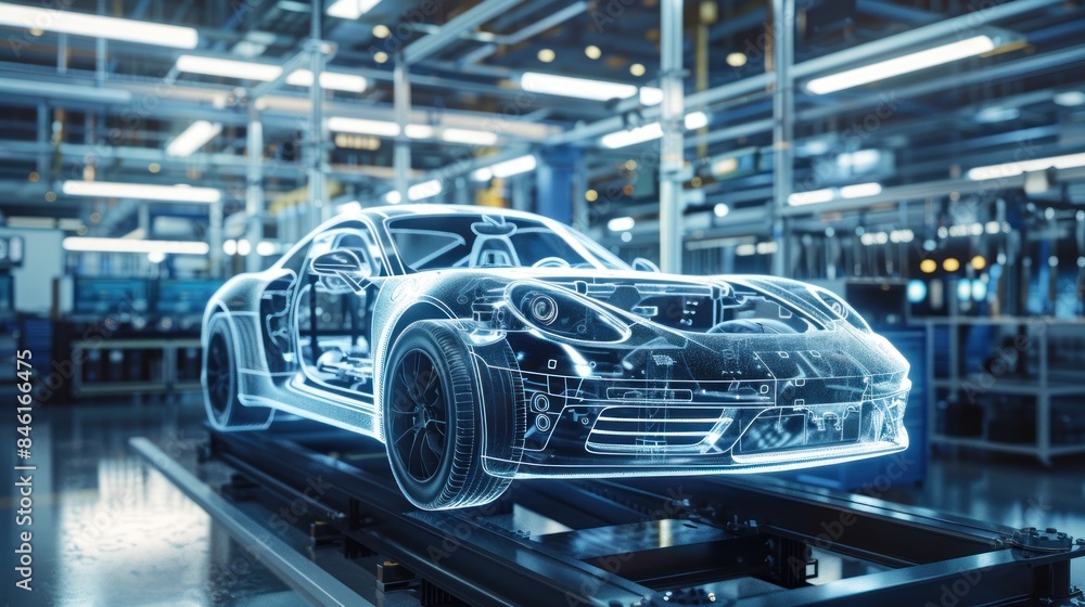 A digital blueprint of a car presenting its intricate design simulations within a modern automotive factory A digital blueprint of a car presenting its intricate design simulations within a modern automotive factory