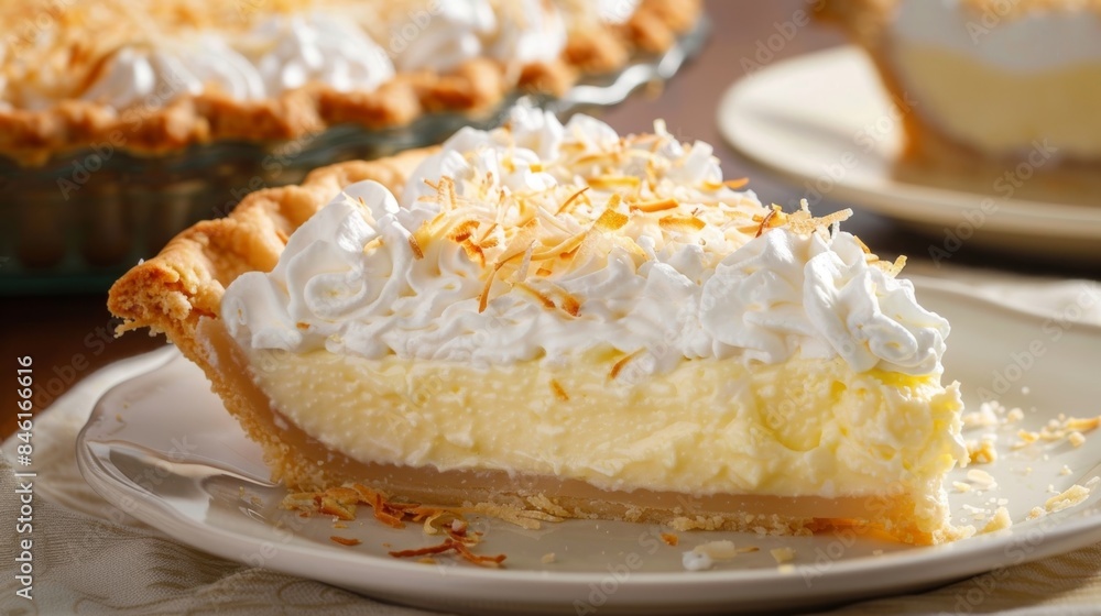 A decadent coconut cream pie with a flaky golden crust smooth coconut filling and a fluffy whipped cream topping. A decadent coconut cream pie with a flaky golden crust smooth coconut filling and a fluffy whipped cream topping.