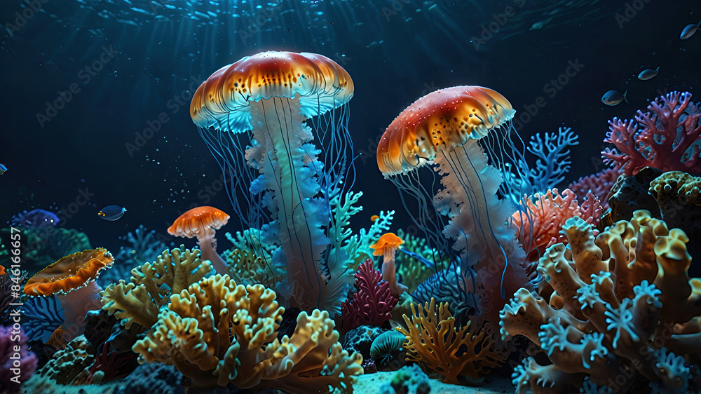 glow vibrant jellyfish in the depths of the ocean glow vibrant jellyfish in the depths of the ocean