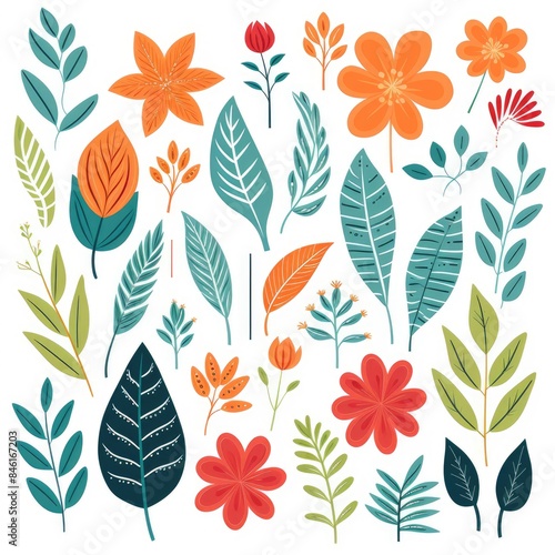 Vibrant Tropical Leaves and Wildflowers Vector Art on White Canvas