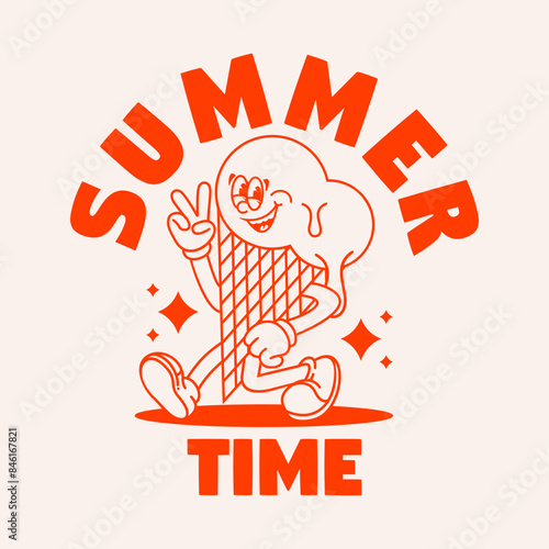 Funny cartoon character of ice cream. Can be used as Sticker, posters, prints. Retro cartoon style. Vector illustration