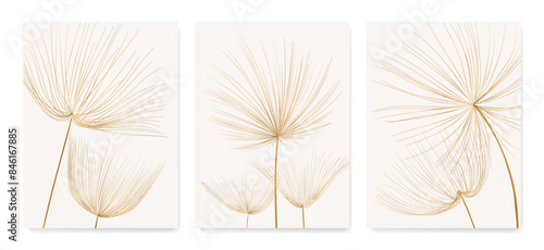 Botanical set with art pattern of dandelion flowers in golden line style. Vector collection of hand drawn posters for decor, print, textile, packaging, wallpaper, interior design.